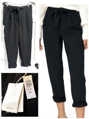 NWT Wilfred Aritzia Black Allant Ankle Pants Cropped Trousers Drawstring Size 4